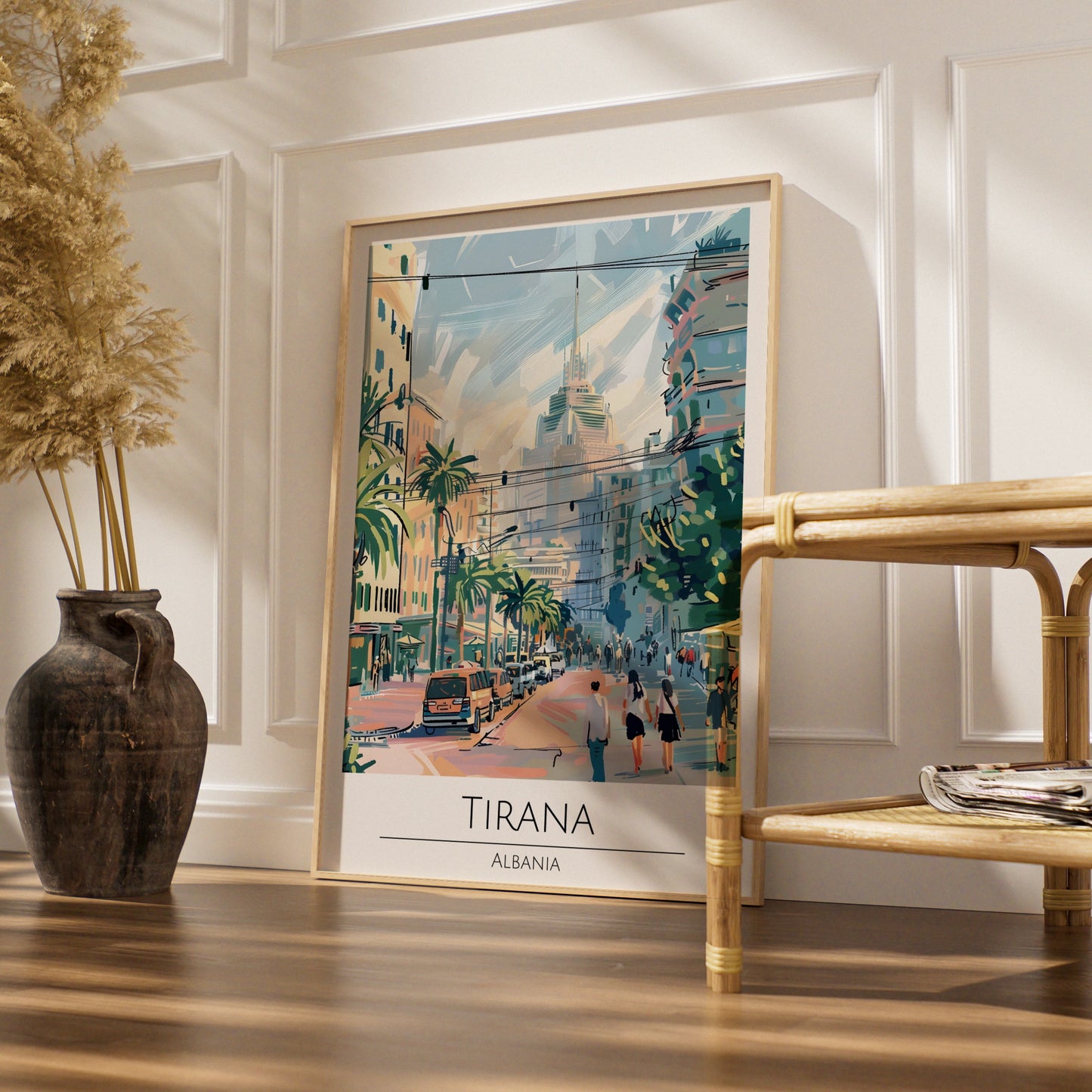 Tirana, Albania Cityscape Poster, Colourful Urban Art, Palm Trees, Vintage Style Wall Art