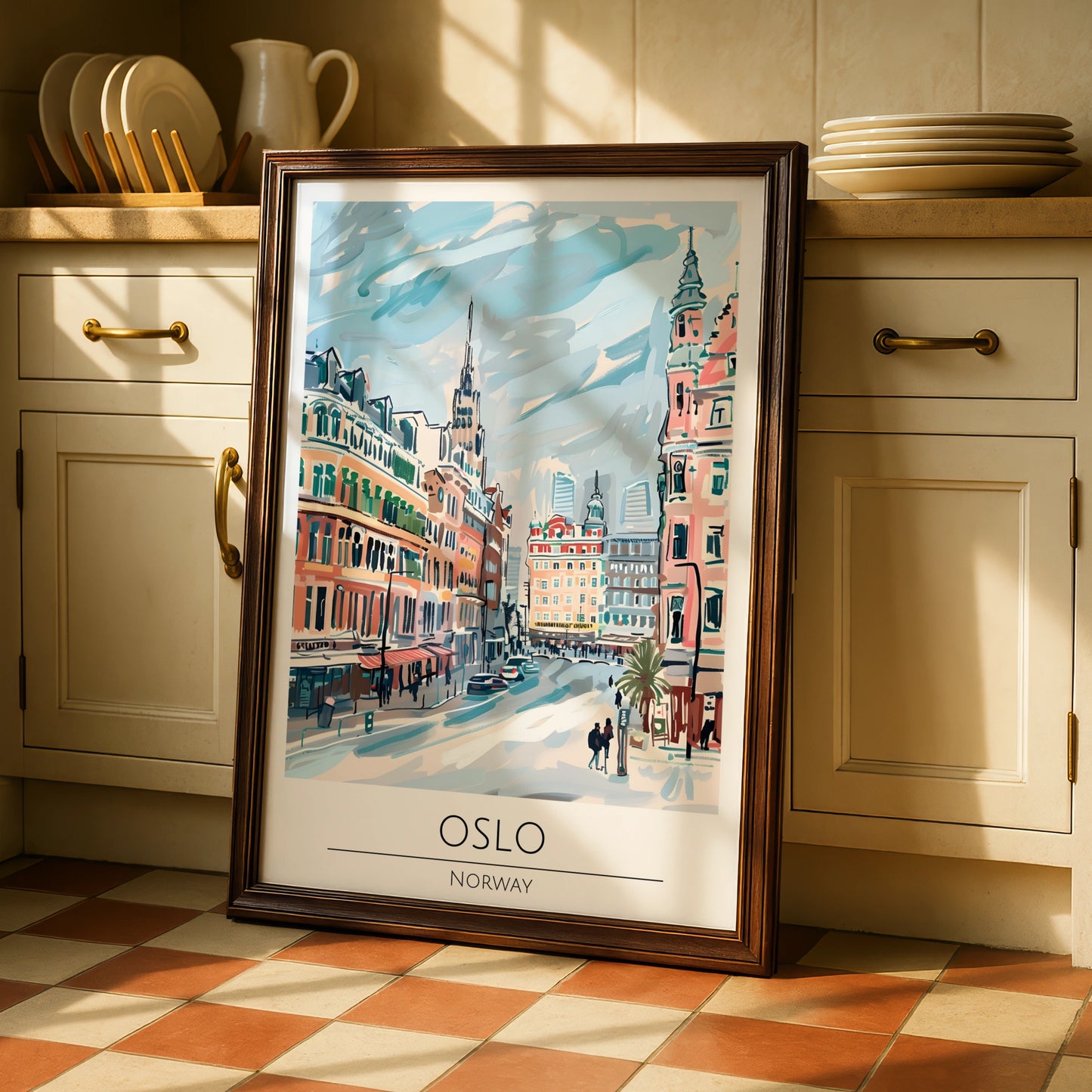 Oslo Norway Vintage Cityscape Art Print, Norwegian Architecture, Colourful Urban Scene Poster
