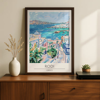 Rodi Greece Poster, Colourful Coastal Art Print, Mediterranean Sea View, Wall Decor, Travel Poster