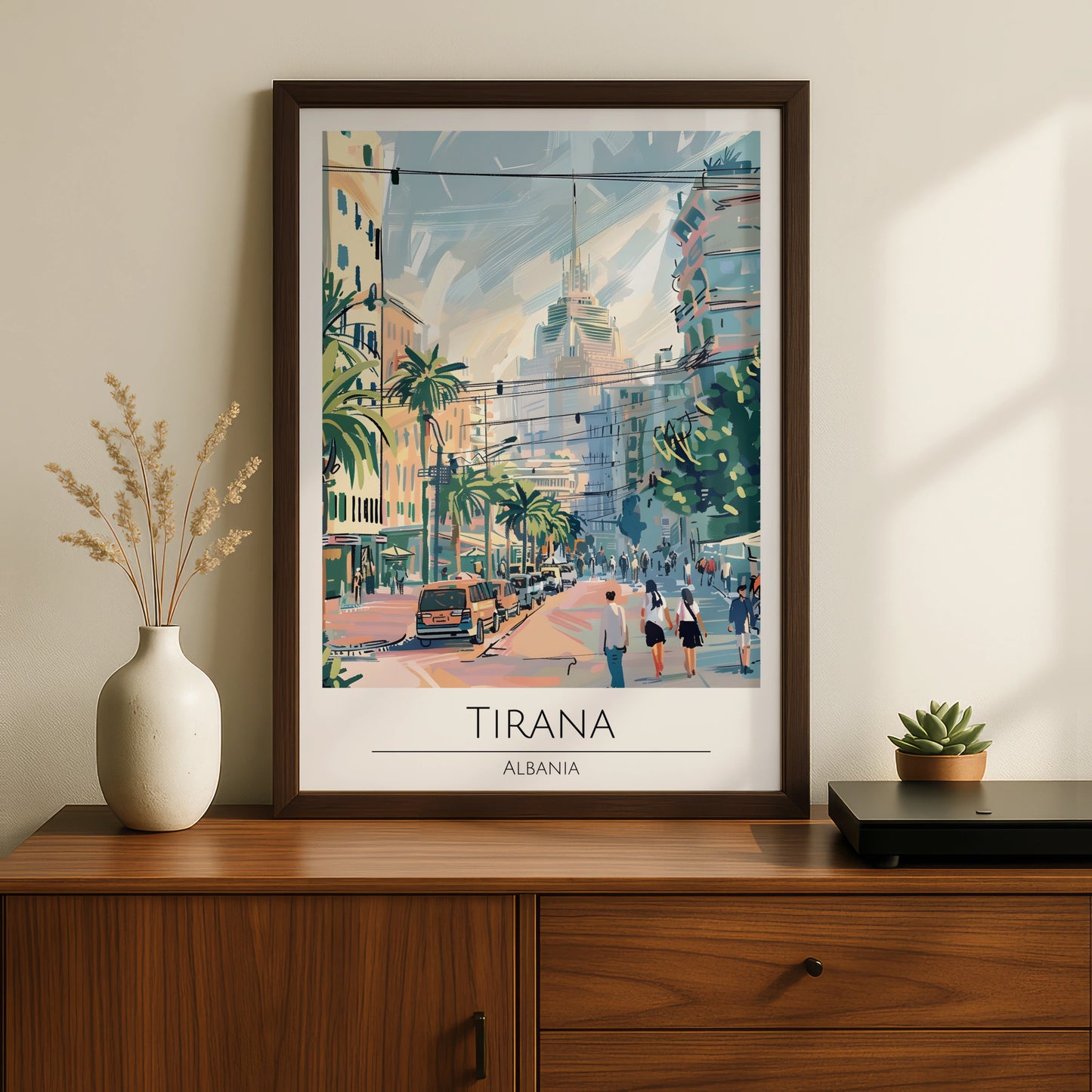 Tirana, Albania Cityscape Poster, Colourful Urban Art, Palm Trees, Vintage Style Wall Art