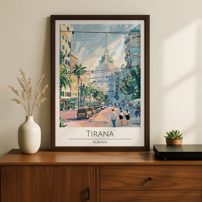 Tirana, Albania Cityscape Poster, Colourful Urban Art, Palm Trees, Vintage Style Wall Art