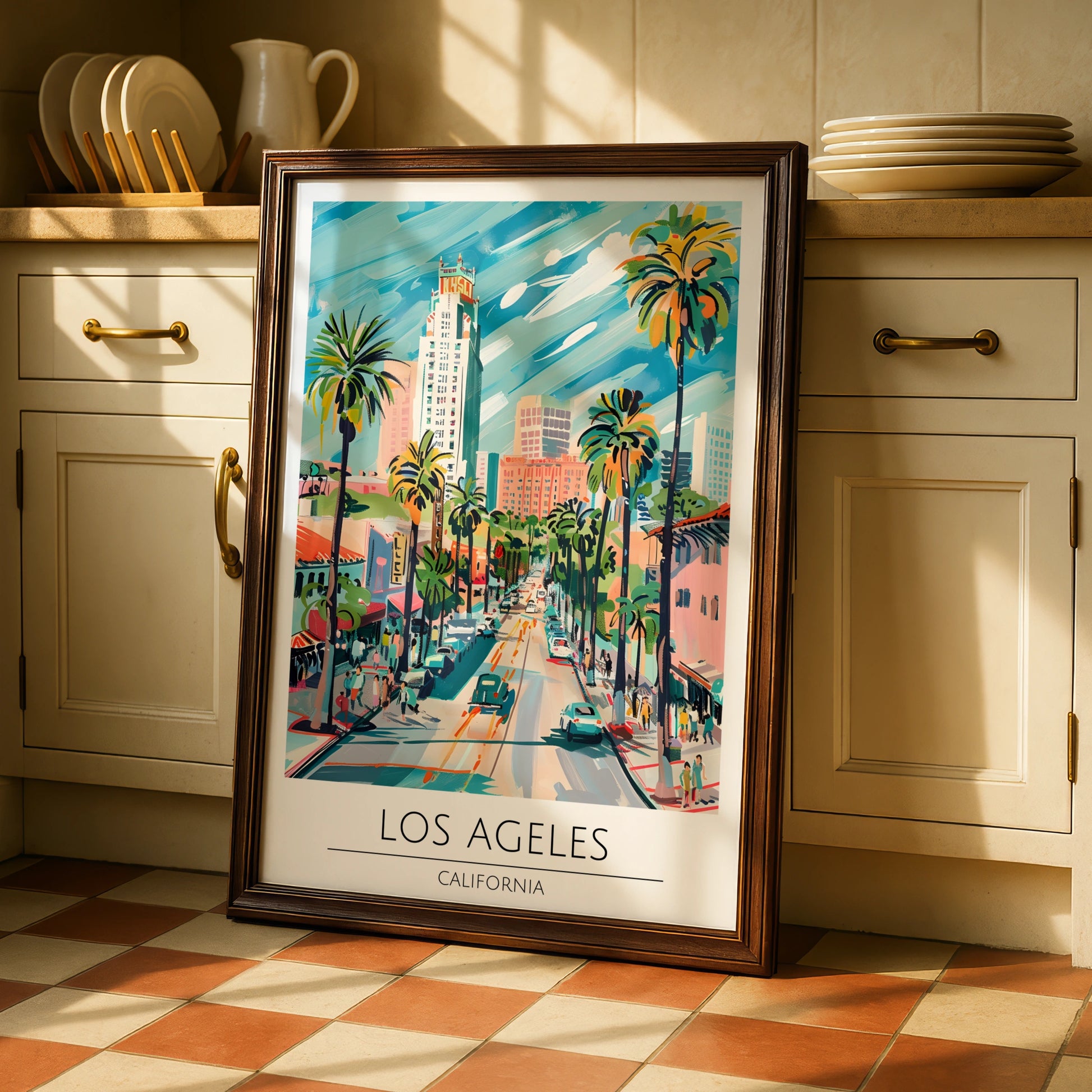Los Angeles Art Print, Vibrant California Poster, Palm Tree City Scene, Urban Wall Art