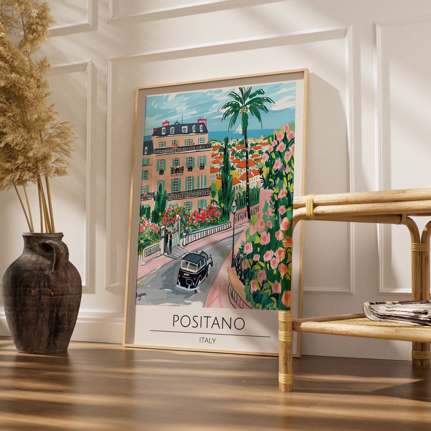 Positano Italy Art Print, Colourful Maximalist Poster, Coastal Landscape Wall Art