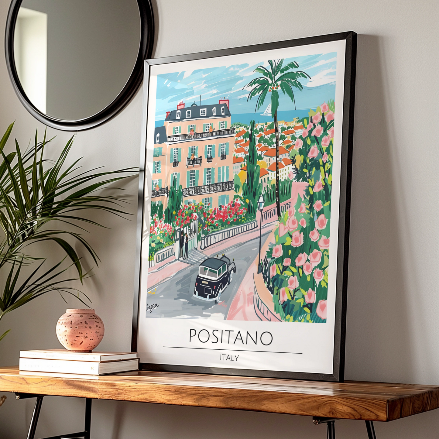 Positano Italy Art Print, Colourful Maximalist Poster, Coastal Landscape Wall Art