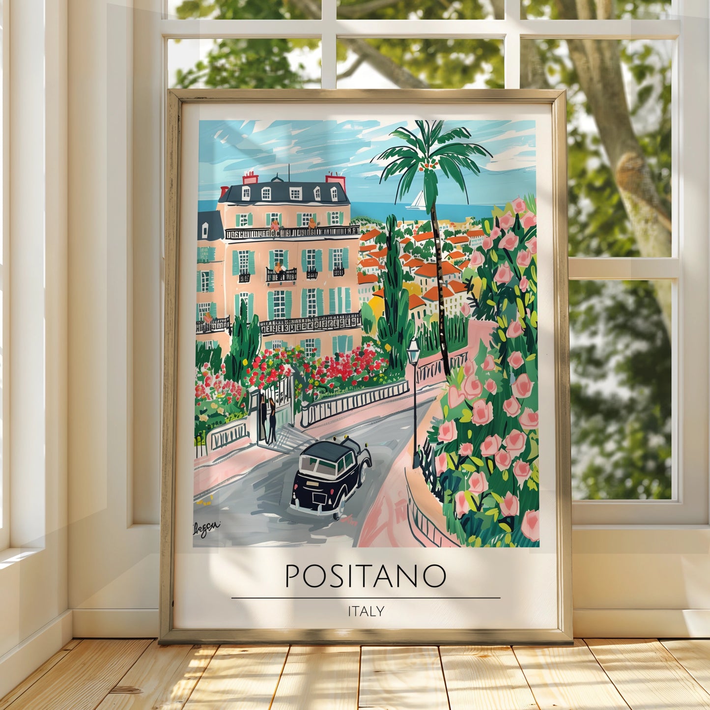Positano Italy Art Print, Colourful Maximalist Poster, Coastal Landscape Wall Art