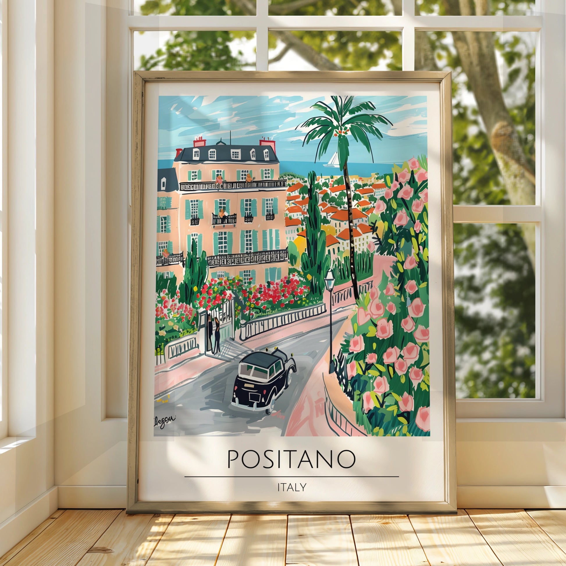 Positano Italy Art Print, Colourful Maximalist Poster, Coastal Landscape Wall Art