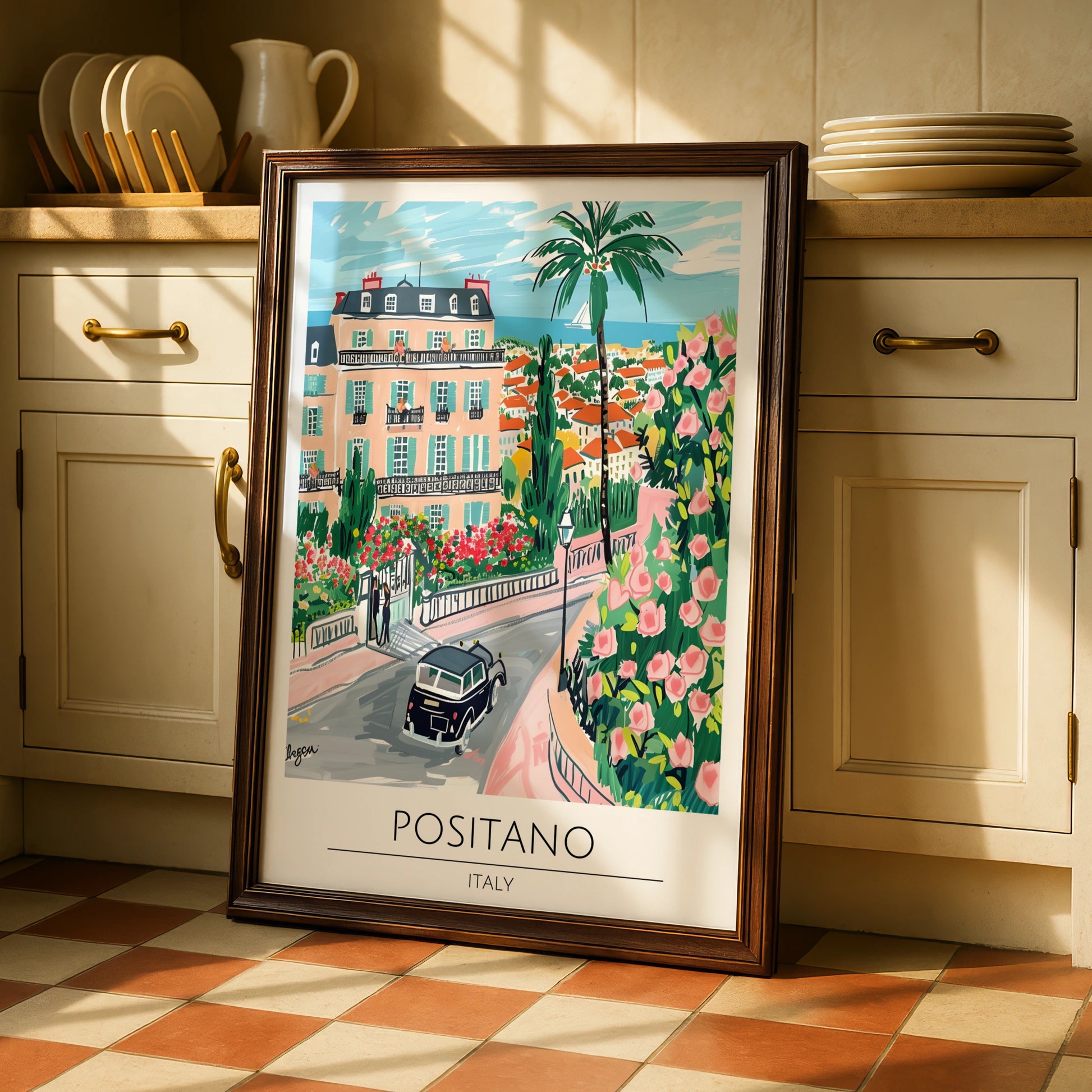Positano Italy Art Print, Colourful Maximalist Poster, Coastal Landscape Wall Art