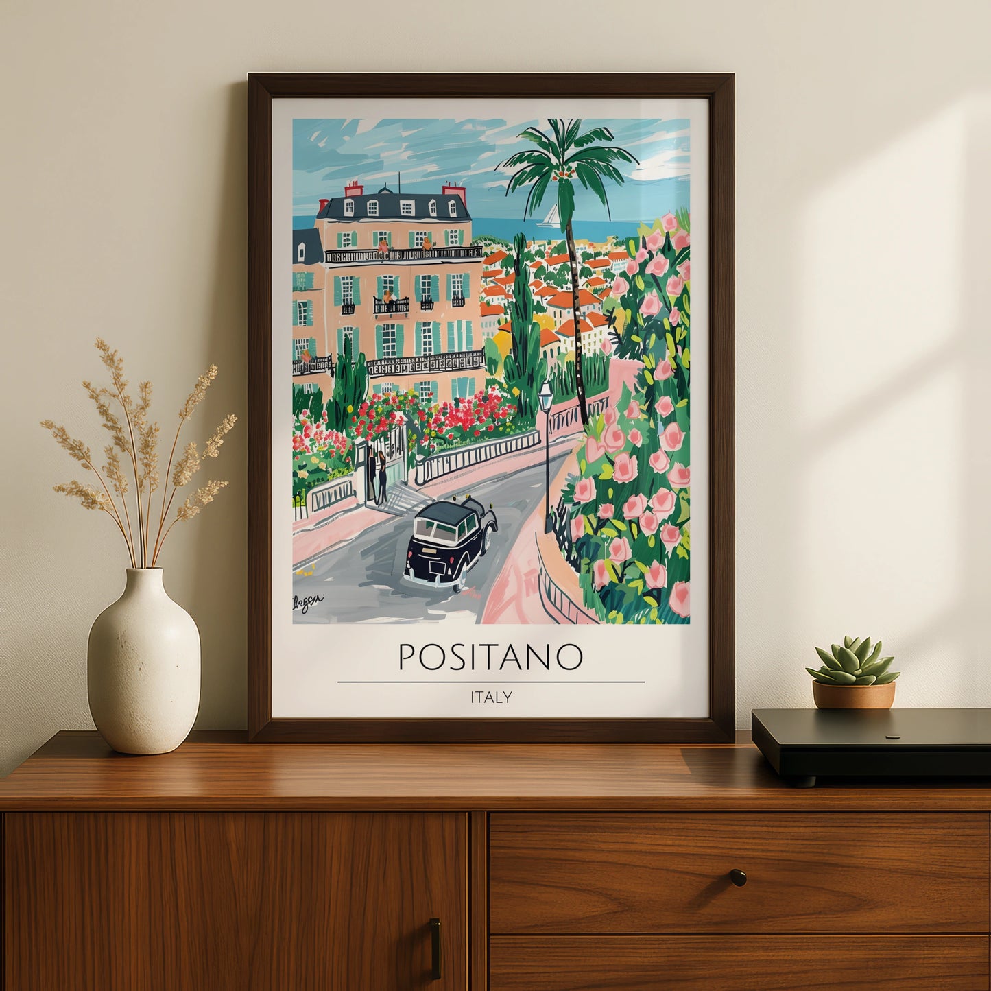 Positano Italy Art Print, Colourful Maximalist Poster, Coastal Landscape Wall Art
