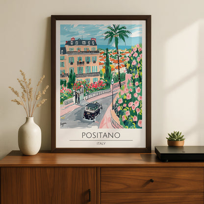 Positano Italy Art Print, Colourful Maximalist Poster, Coastal Landscape Wall Art