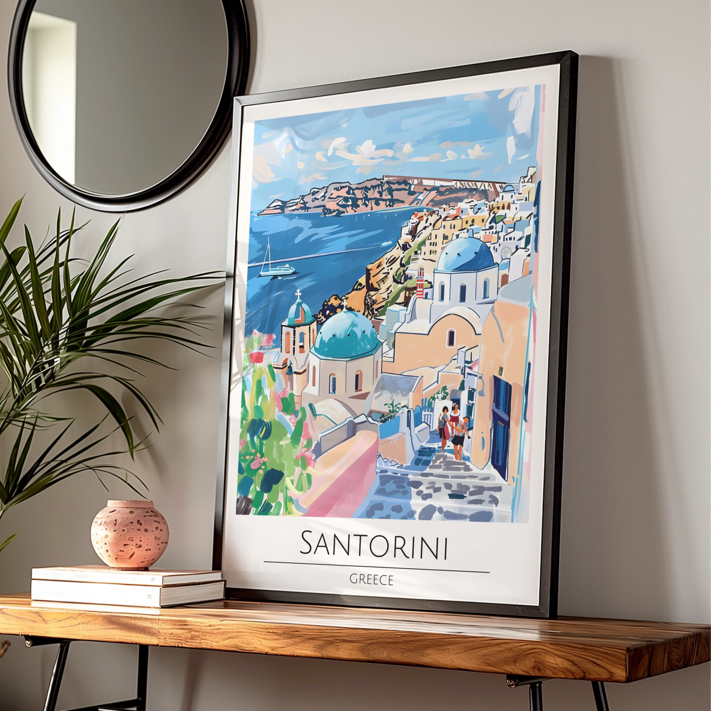 Santorini Art Print, Greek Island Poster, Colourful Coastal Wall Art, Travel Decor for Home