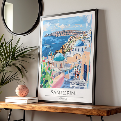 Santorini Art Print, Greek Island Poster, Colourful Coastal Wall Art, Travel Decor for Home