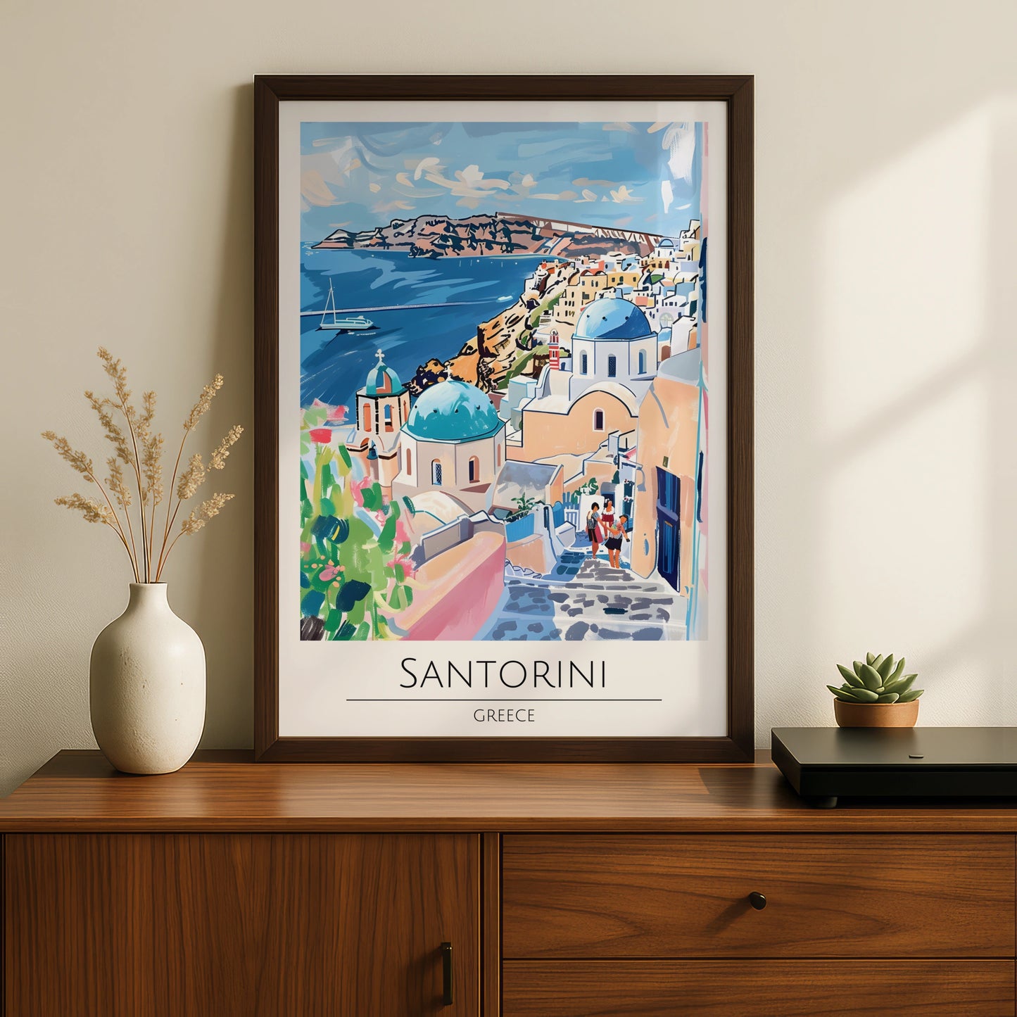 Santorini Art Print, Greek Island Poster, Colourful Coastal Wall Art, Travel Decor for Home