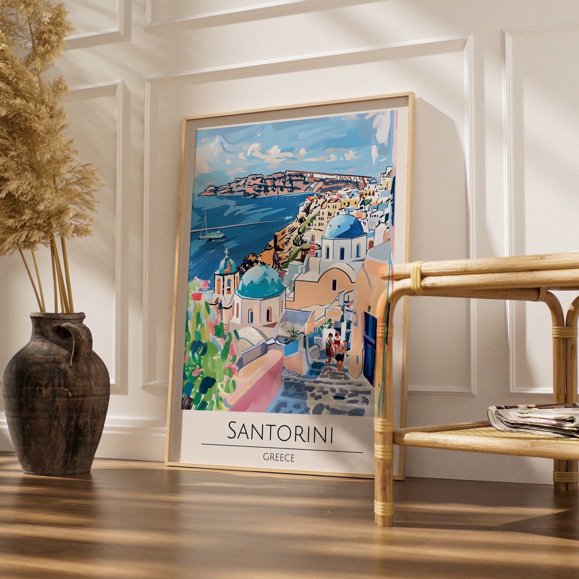 Santorini Art Print, Greek Island Poster, Colourful Coastal Wall Art, Travel Decor for Home