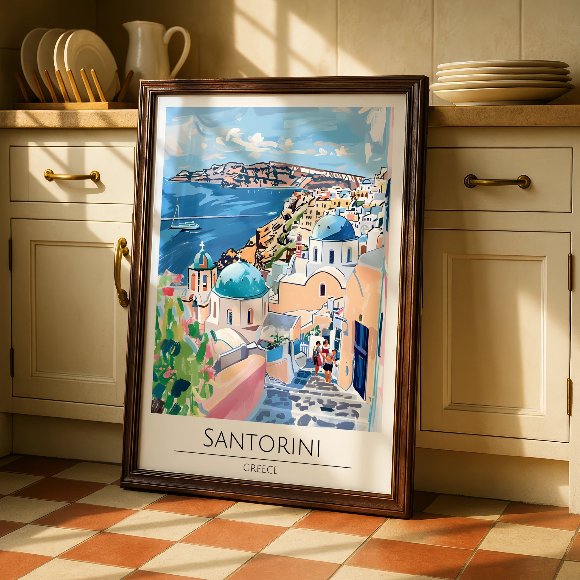 Santorini Art Print, Greek Island Poster, Colourful Coastal Wall Art, Travel Decor for Home