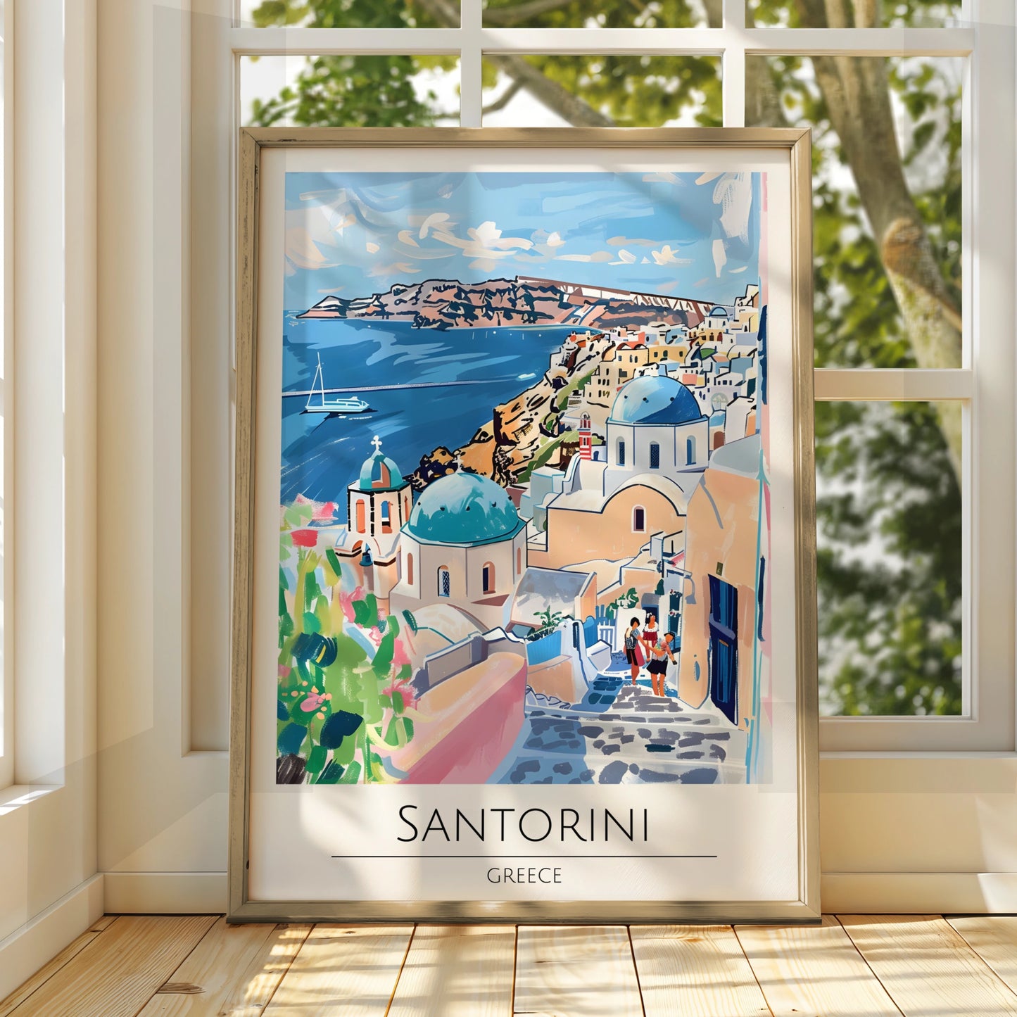 Santorini Art Print, Greek Island Poster, Colourful Coastal Wall Art, Travel Decor for Home