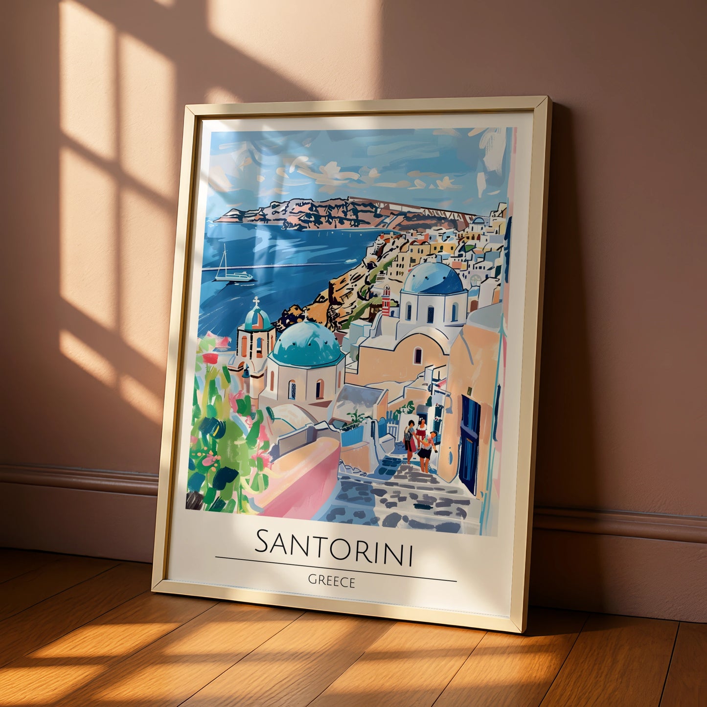 Santorini Art Print, Greek Island Poster, Colourful Coastal Wall Art, Travel Decor for Home