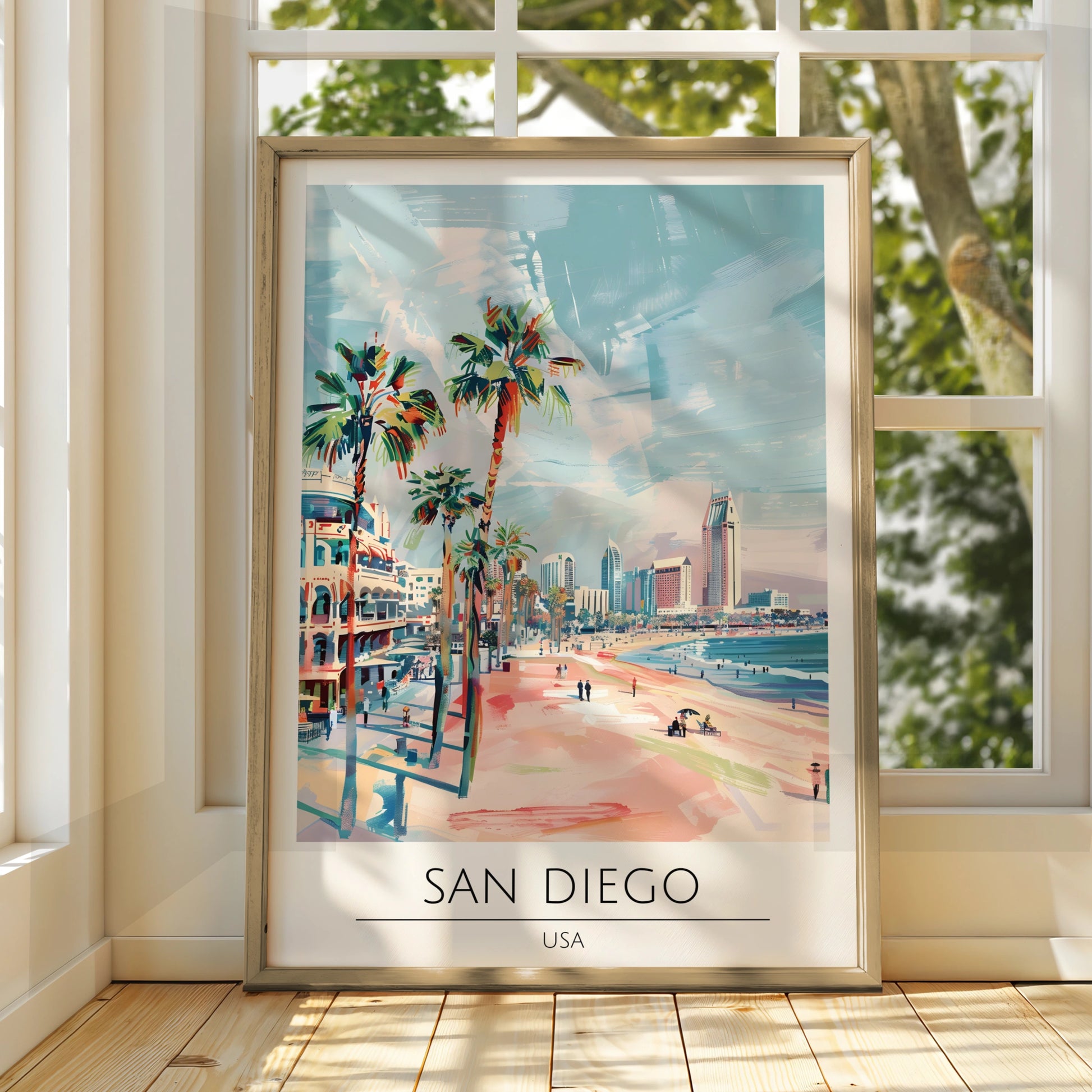 San Diego Poster Art, Coastal City Landscape, Palm Trees, California Wall Decor, Beach Print
