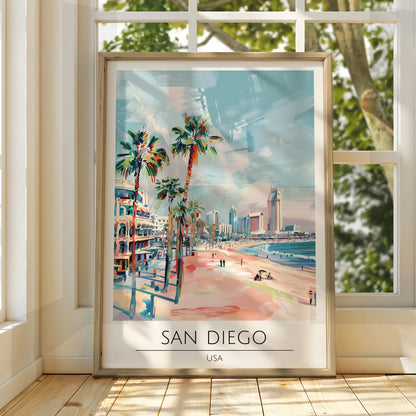 San Diego Poster Art, Coastal City Landscape, Palm Trees, California Wall Decor, Beach Print