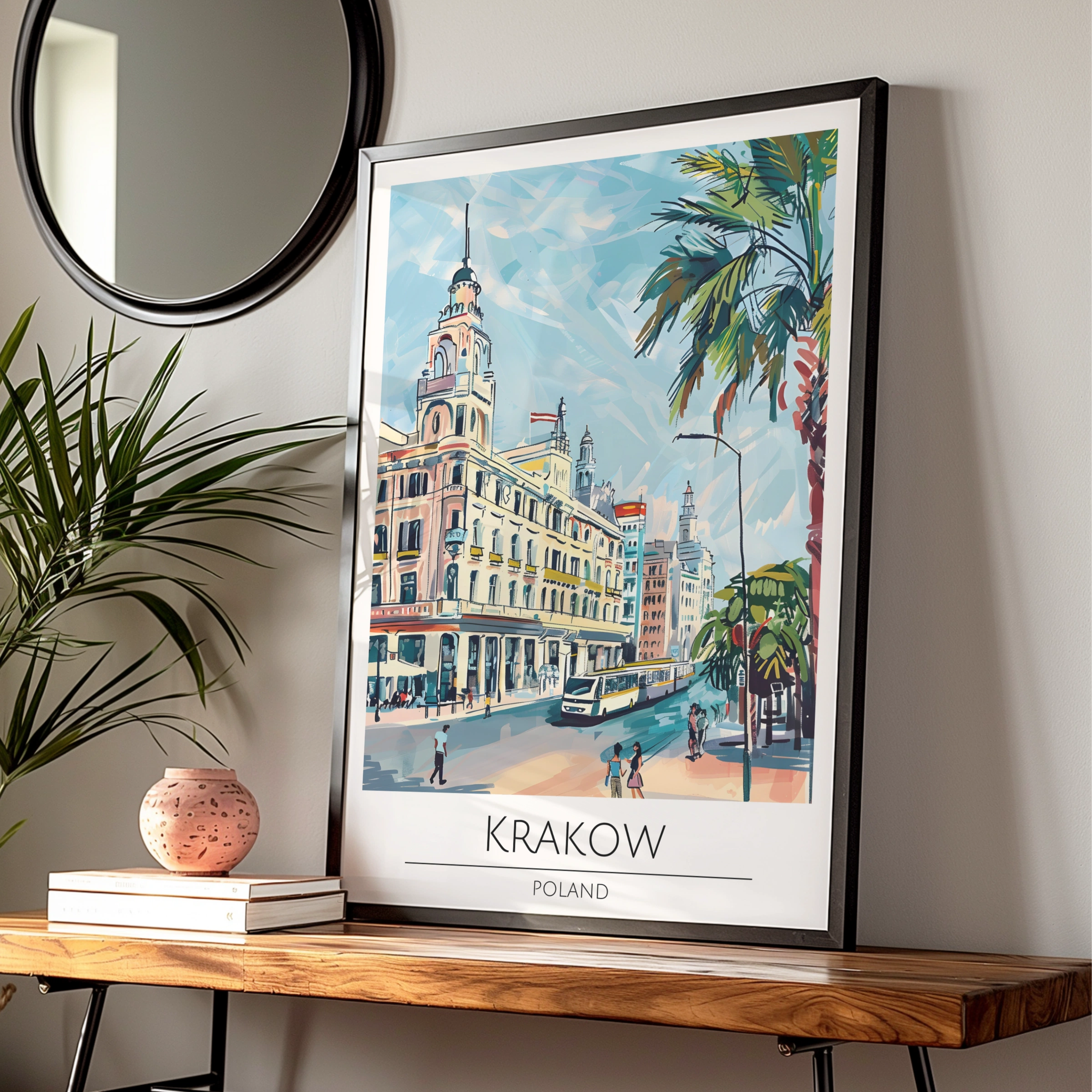 Krakow City Poster, Colourful Travel Art, Poland Wall Art, Vintage Illustration, Modern Home Decor