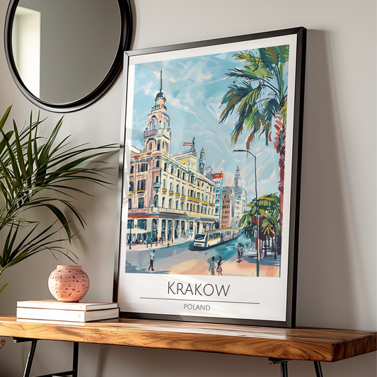 Krakow City Poster, Colourful Travel Art, Poland Wall Art, Vintage Illustration, Modern Home Decor