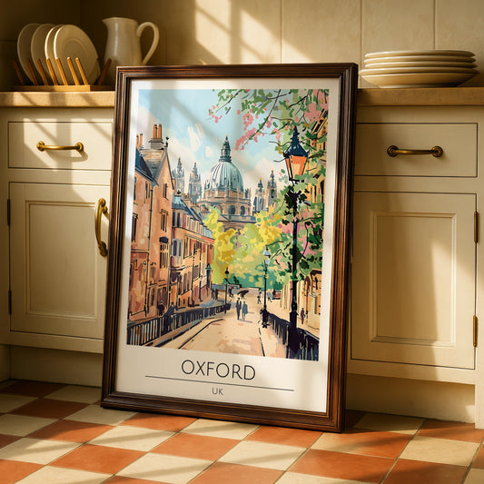 Oxford UK Art Print, Colourful Cityscape Poster, Architectural Wall Art, Travel Decor, Vintage Style