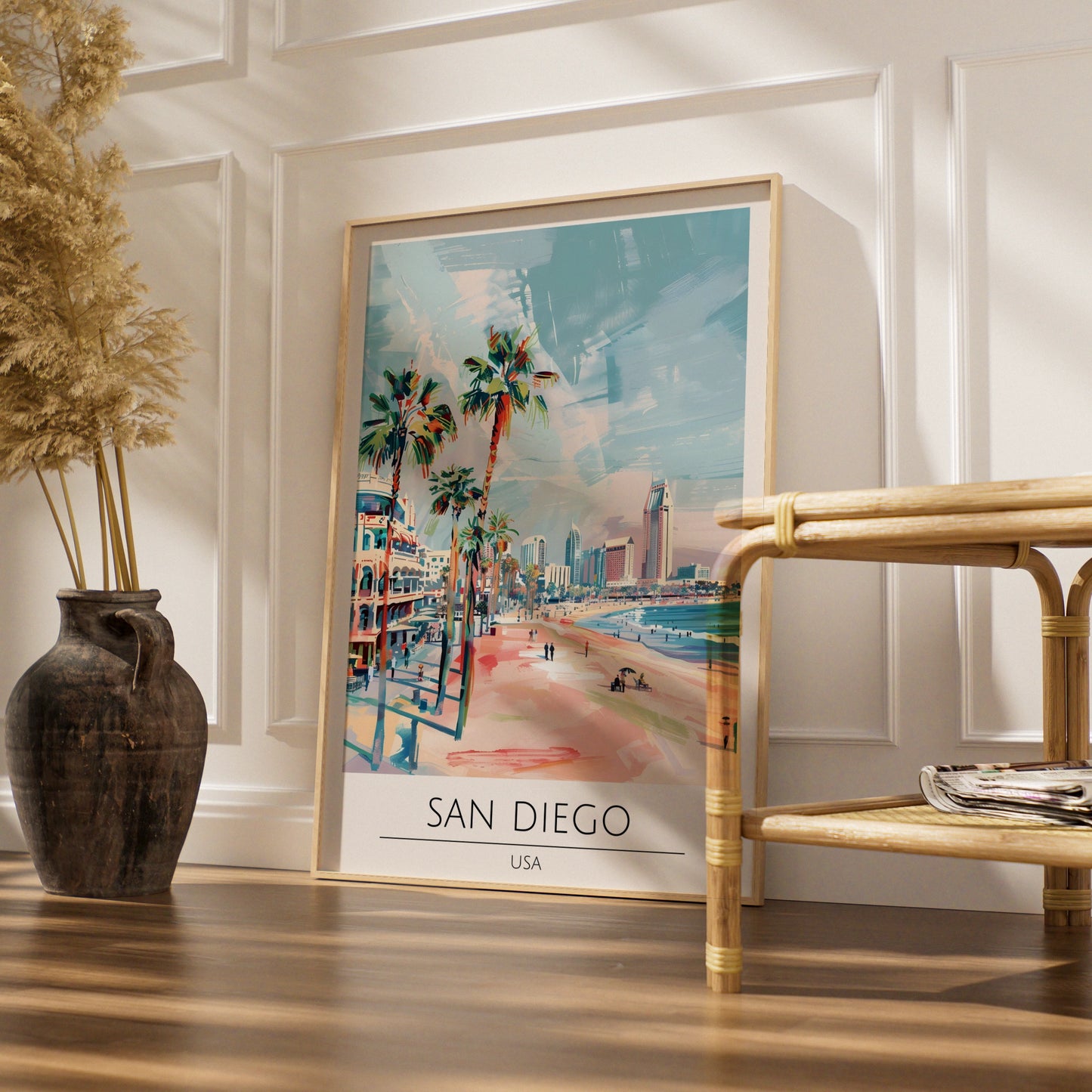 San Diego Poster Art, Coastal City Landscape, Palm Trees, California Wall Decor, Beach Print