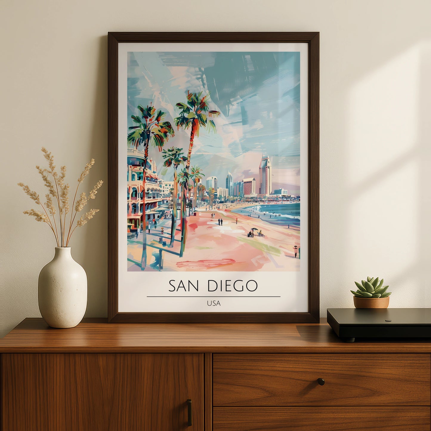 San Diego Poster Art, Coastal City Landscape, Palm Trees, California Wall Decor, Beach Print