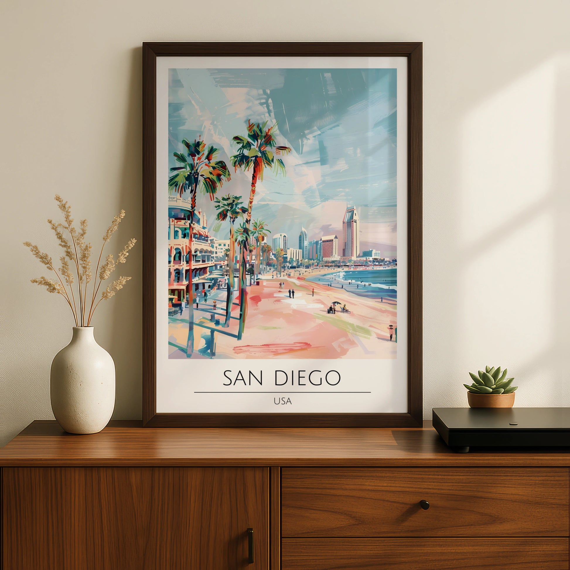 San Diego Poster Art, Coastal City Landscape, Palm Trees, California Wall Decor, Beach Print