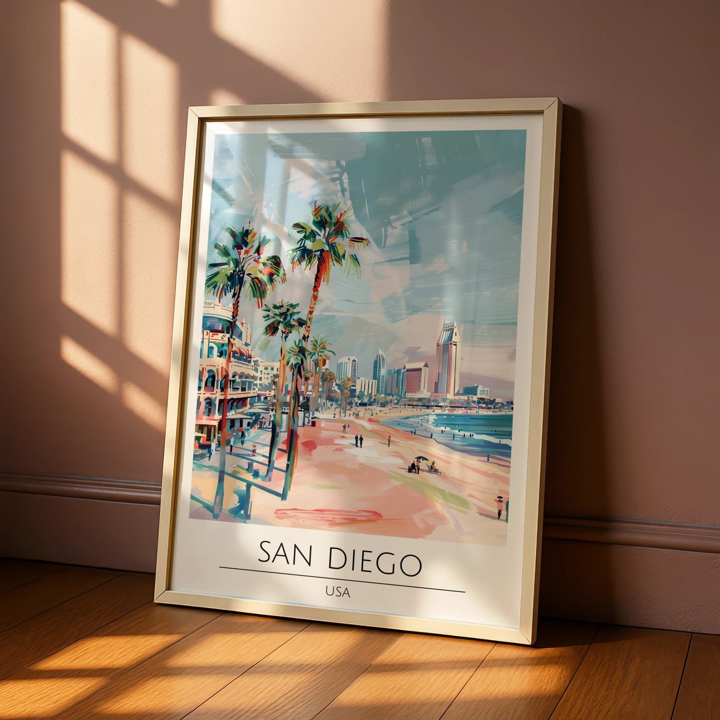 San Diego Poster Art, Coastal City Landscape, Palm Trees, California Wall Decor, Beach Print