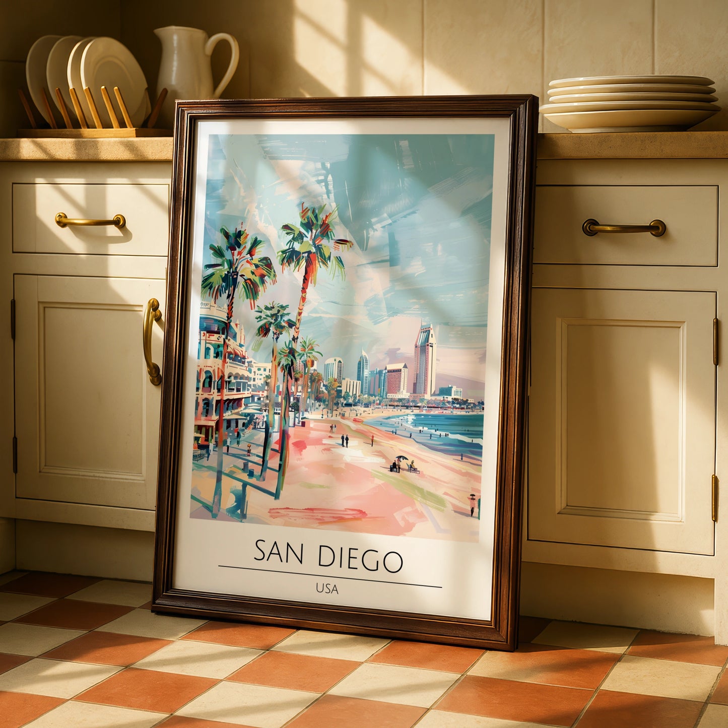 San Diego Poster Art, Coastal City Landscape, Palm Trees, California Wall Decor, Beach Print
