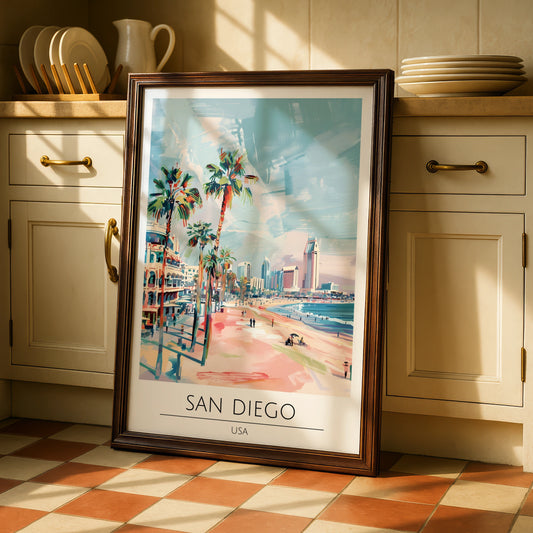 San Diego Poster Art, Coastal City Landscape, Palm Trees, California Wall Decor, Beach Print