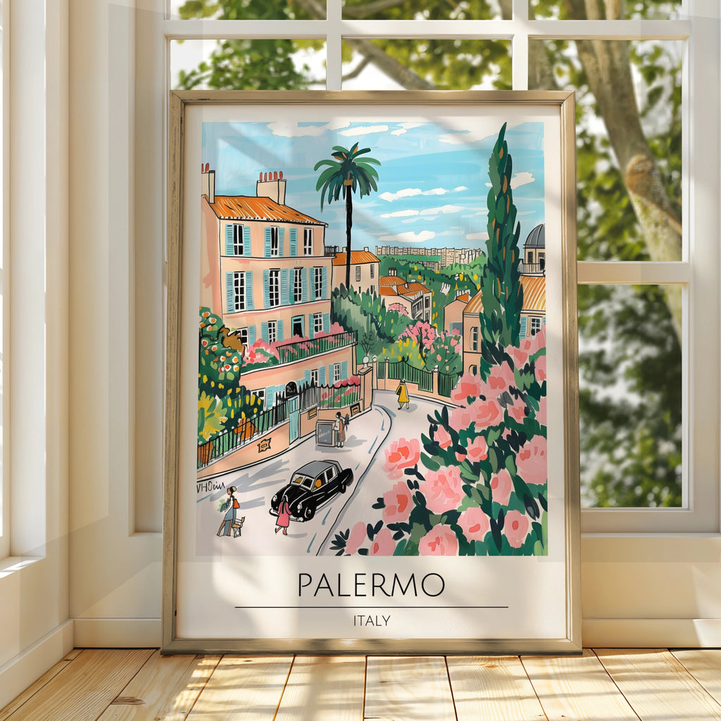 Palermo Italy Street Scene Poster, Vibrant Floral Wall Art, Colourful Print for Home Decor, Italian