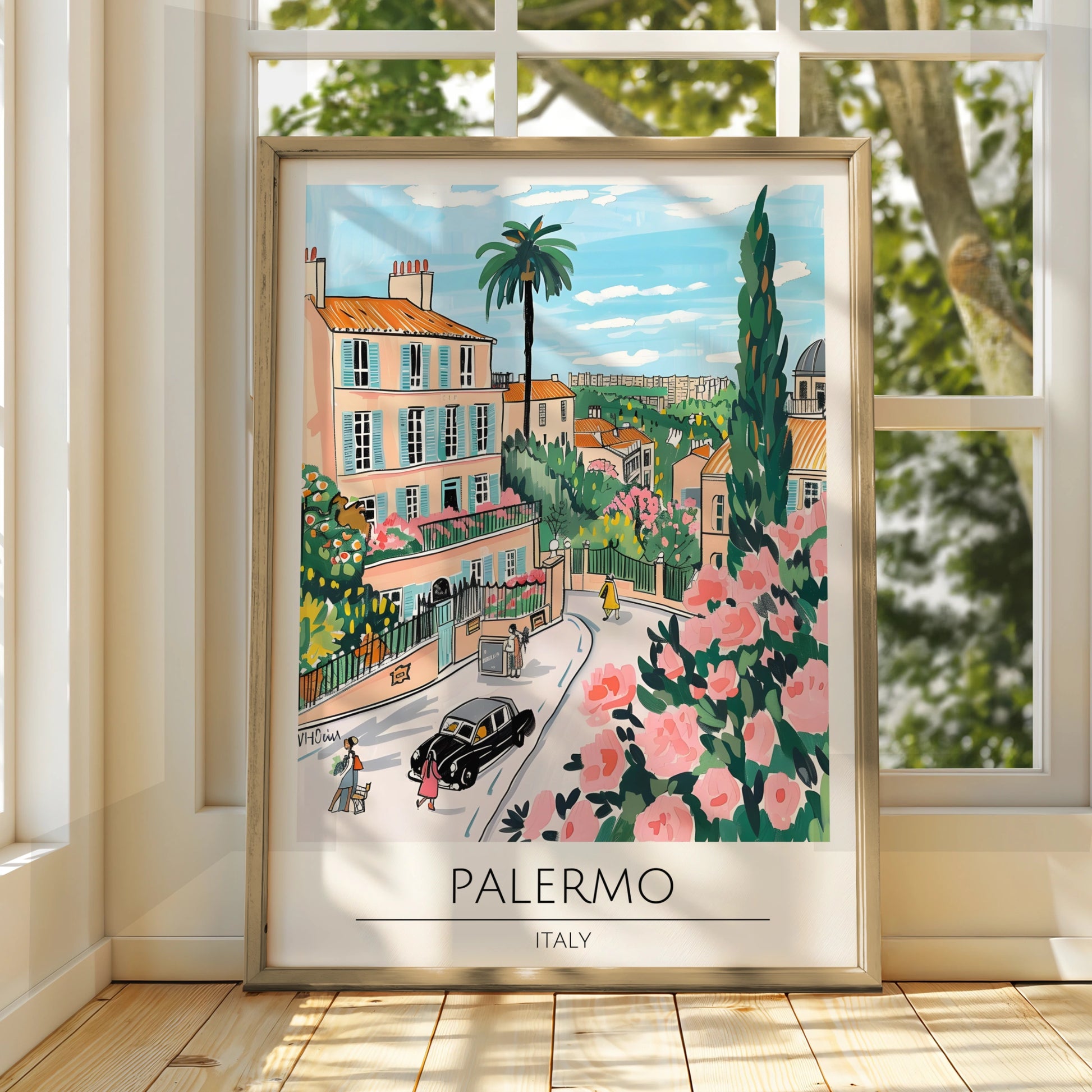 Palermo Italy Street Scene Poster, Vibrant Floral Wall Art, Colourful Print for Home Decor, Italian