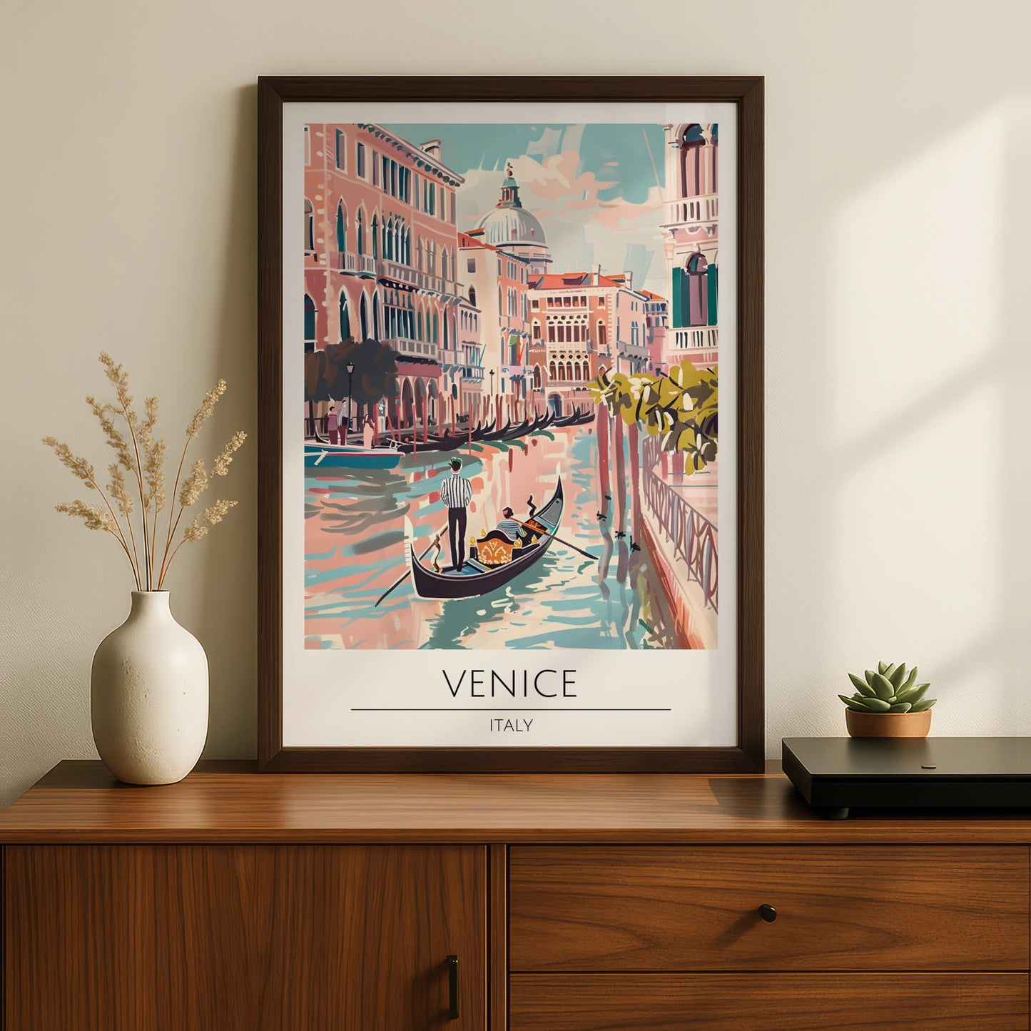 Venice Vintage Watercolour Poster, Italy Canal Scene, Romantic Gondola Ride, Wall Art Print