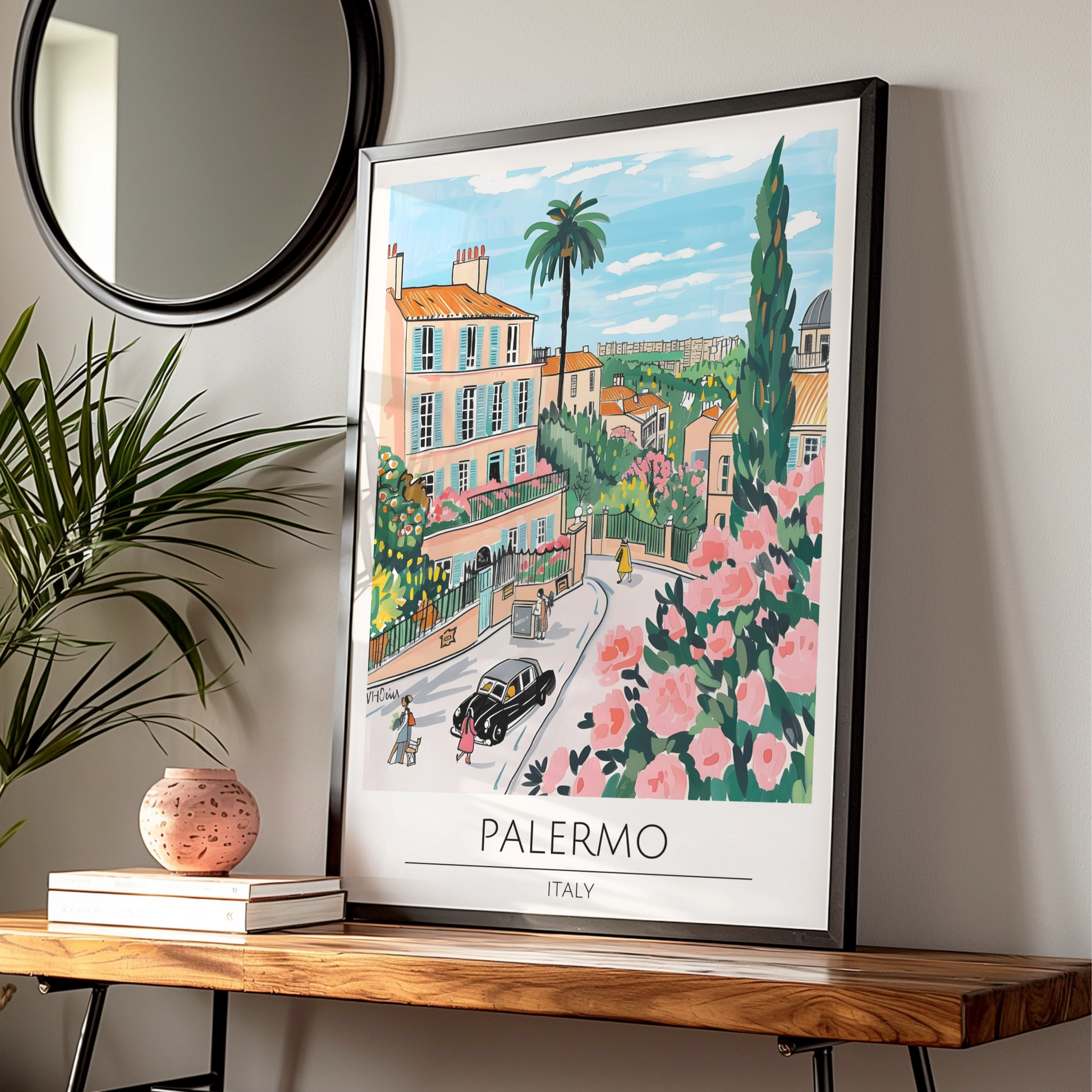 Palermo Italy Street Scene Poster, Vibrant Floral Wall Art, Colourful Print for Home Decor, Italian