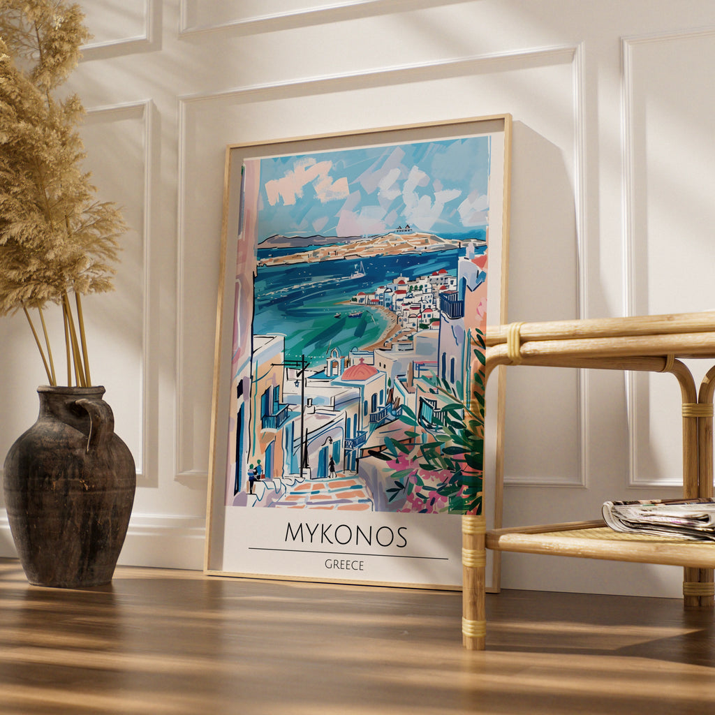 Mykonos Greece Art Print, Colourful Coastal Poster, Island Landscape Wall Art, Mediterranean Decor
