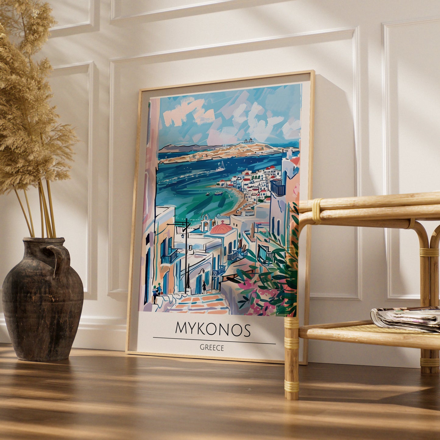 Mykonos Greece Art Print, Colourful Coastal Poster, Island Landscape Wall Art, Mediterranean Decor