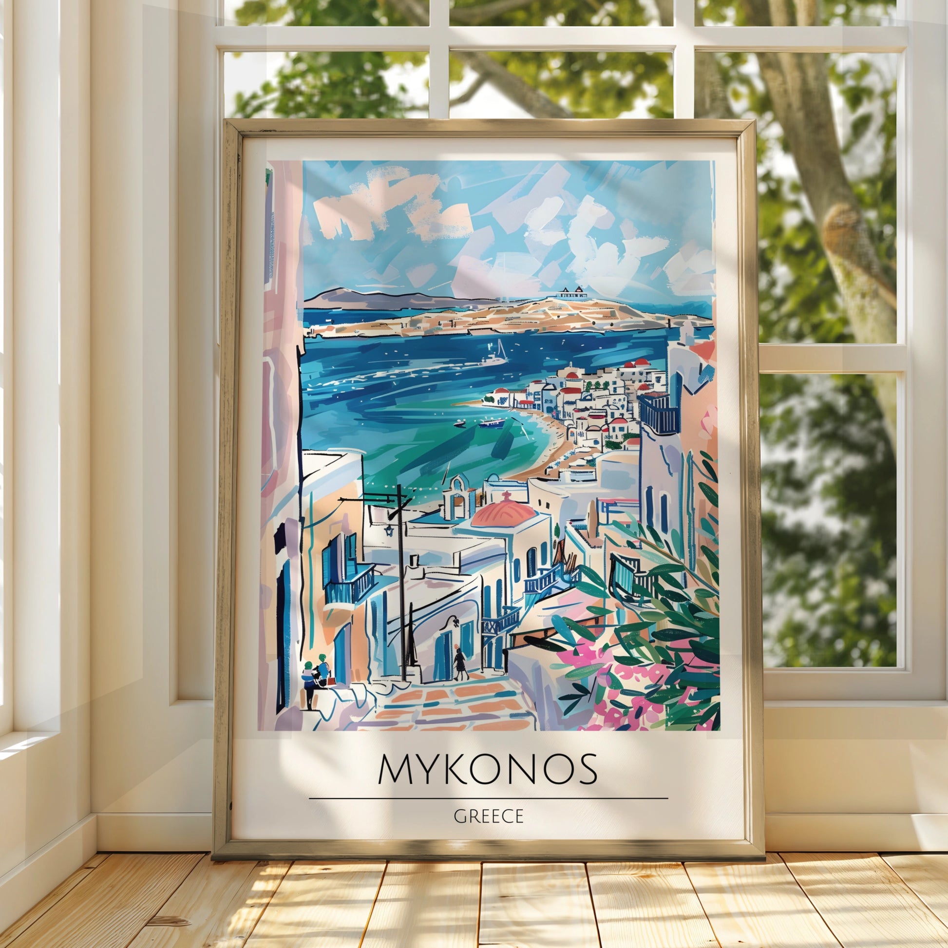 Mykonos Greece Art Print, Colourful Coastal Poster, Island Landscape Wall Art, Mediterranean Decor