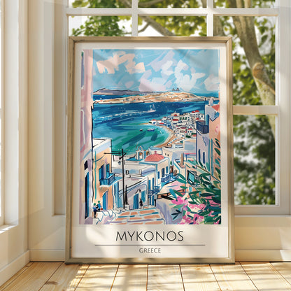 Mykonos Greece Art Print, Colourful Coastal Poster, Island Landscape Wall Art, Mediterranean Decor