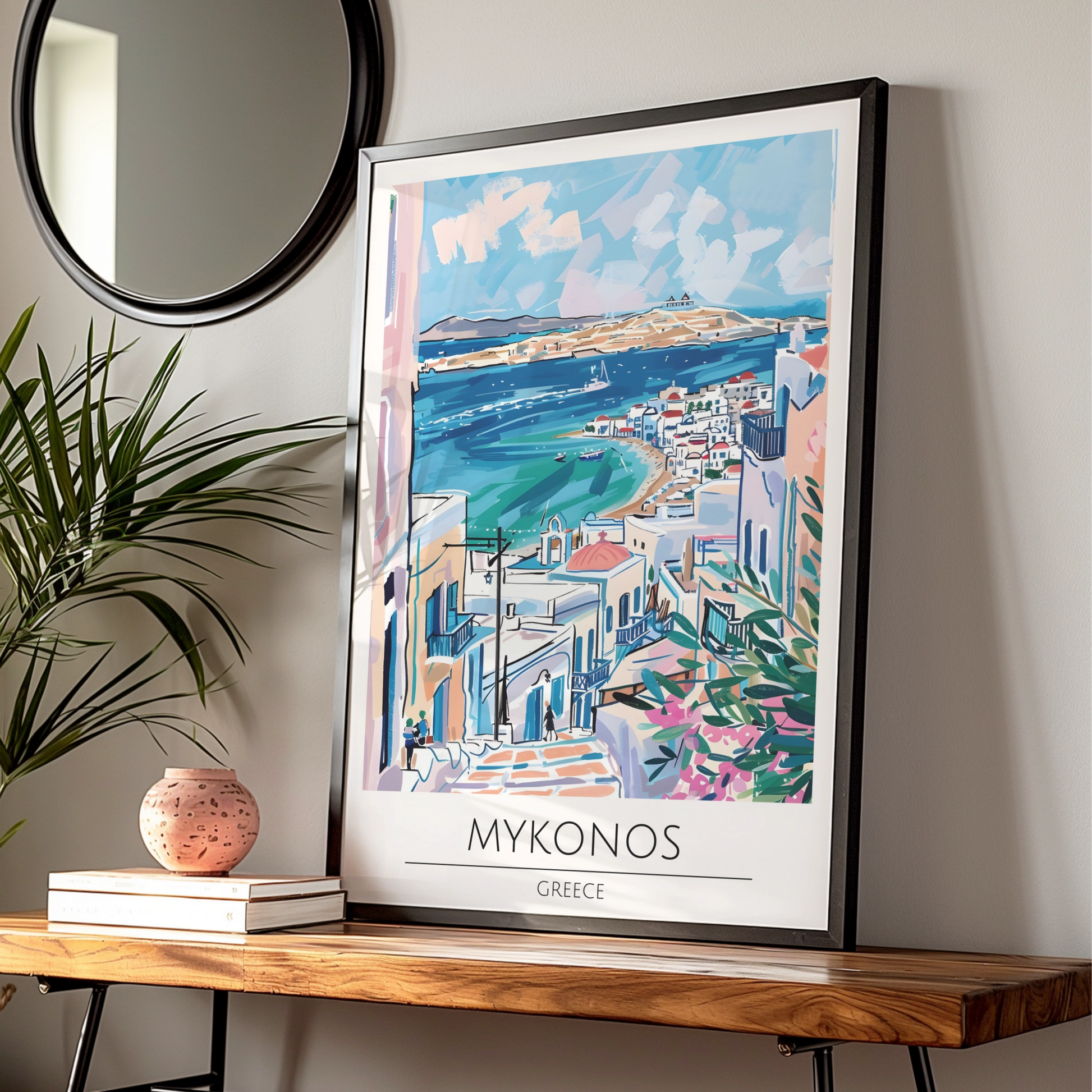Mykonos Greece Art Print, Colourful Coastal Poster, Island Landscape Wall Art, Mediterranean Decor