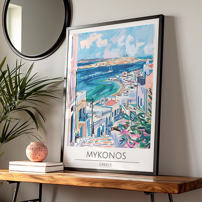 Mykonos Greece Art Print, Colourful Coastal Poster, Island Landscape Wall Art, Mediterranean Decor