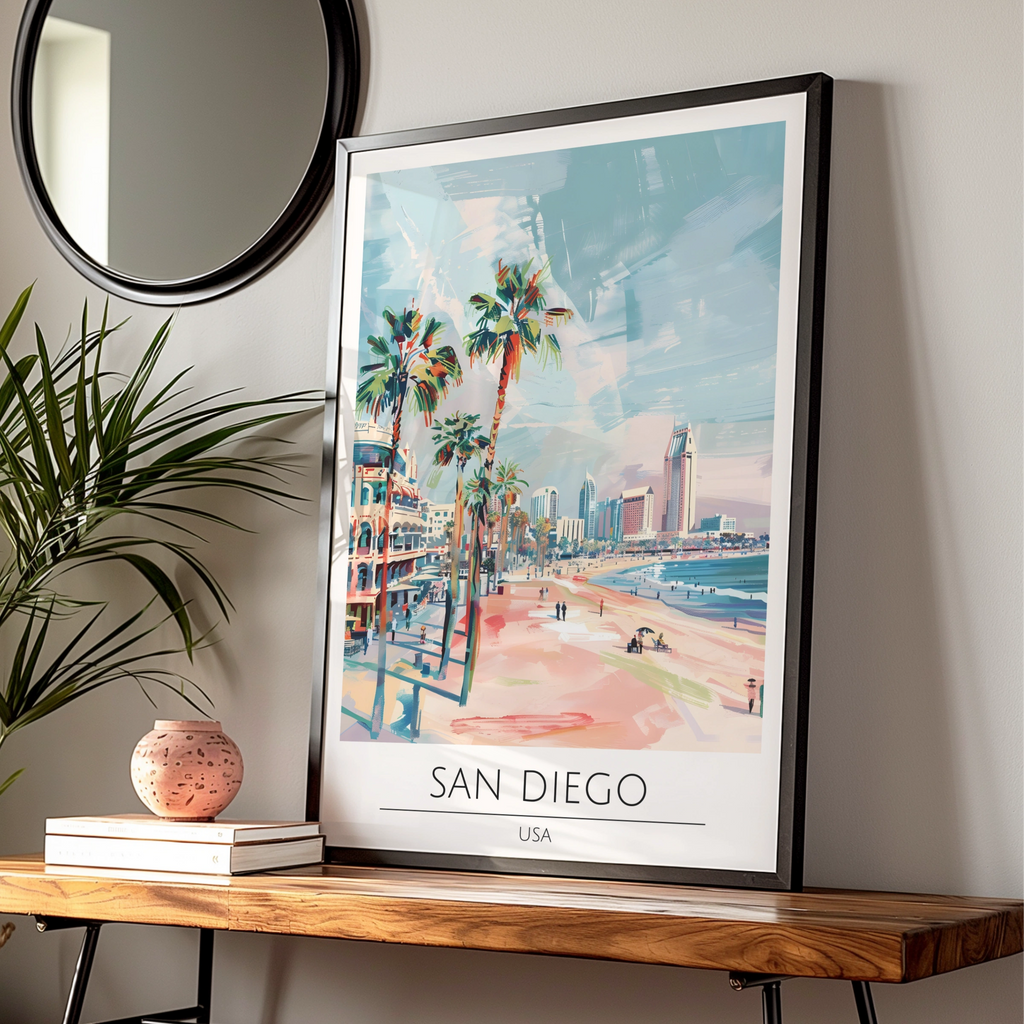 San Diego Poster Art, Coastal City Landscape, Palm Trees, California Wall Decor, Beach Print