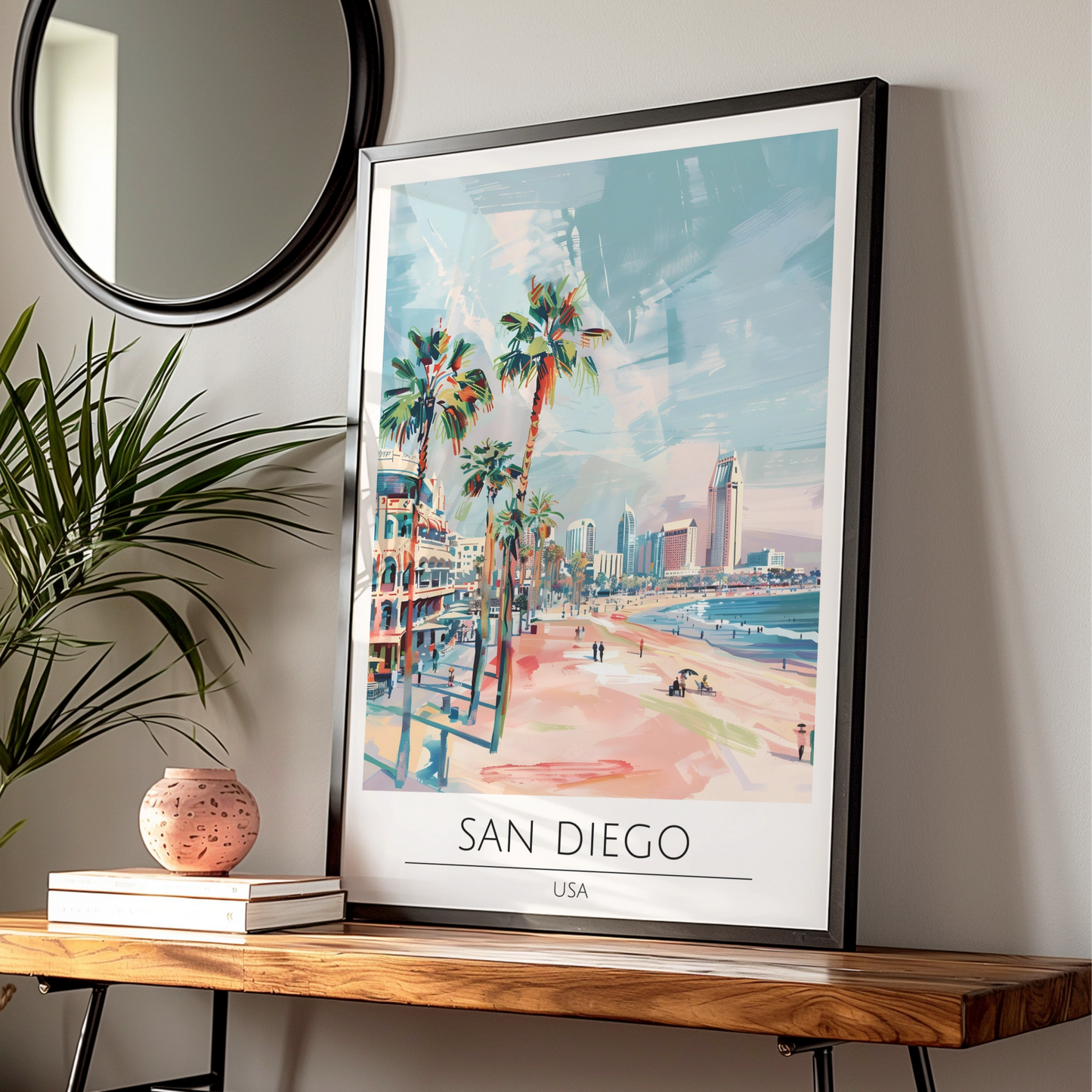 San Diego Poster Art, Coastal City Landscape, Palm Trees, California Wall Decor, Beach Print