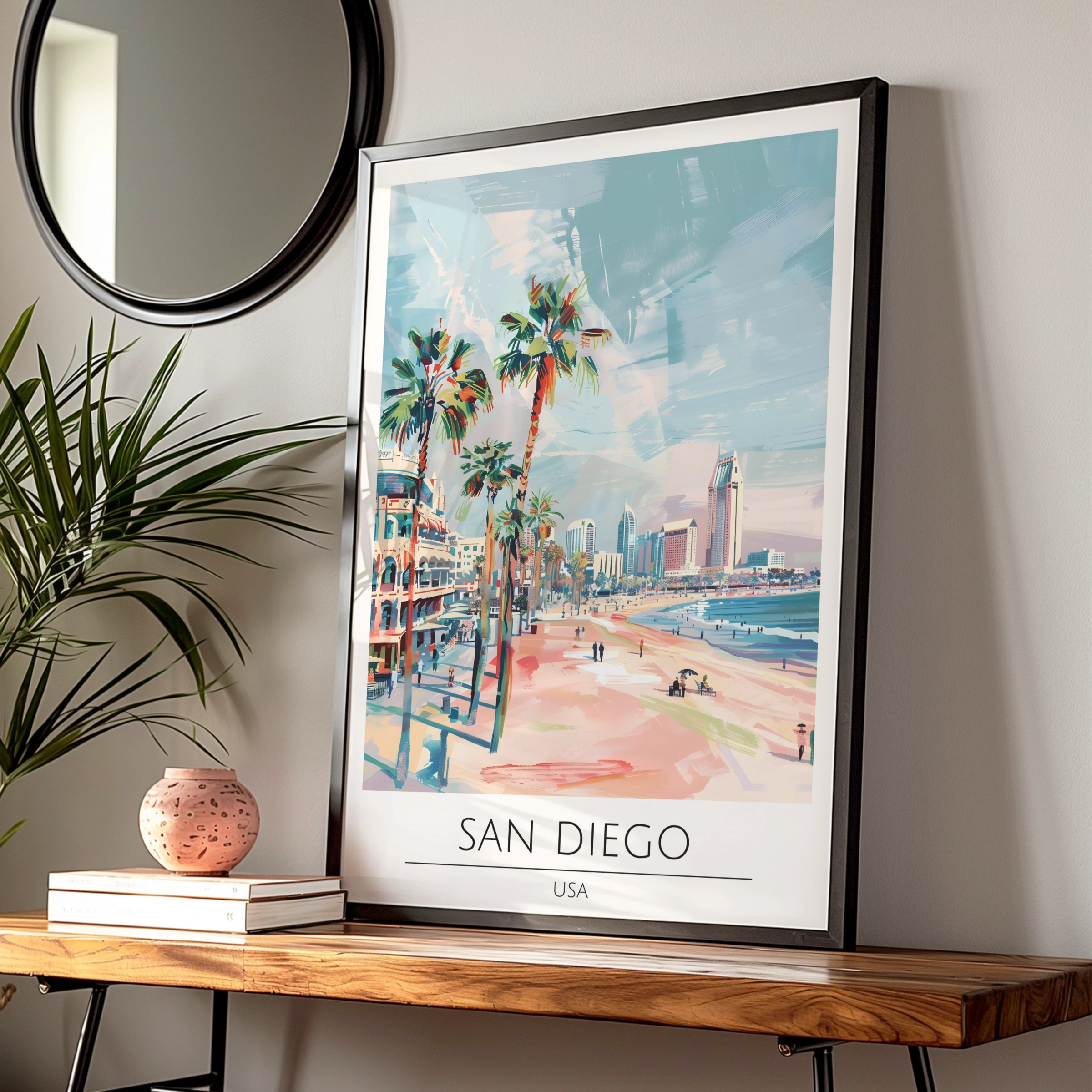 San Diego Poster Art, Coastal City Landscape, Palm Trees, California Wall Decor, Beach Print