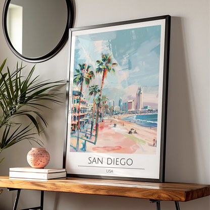 San Diego Poster Art, Coastal City Landscape, Palm Trees, California Wall Decor, Beach Print