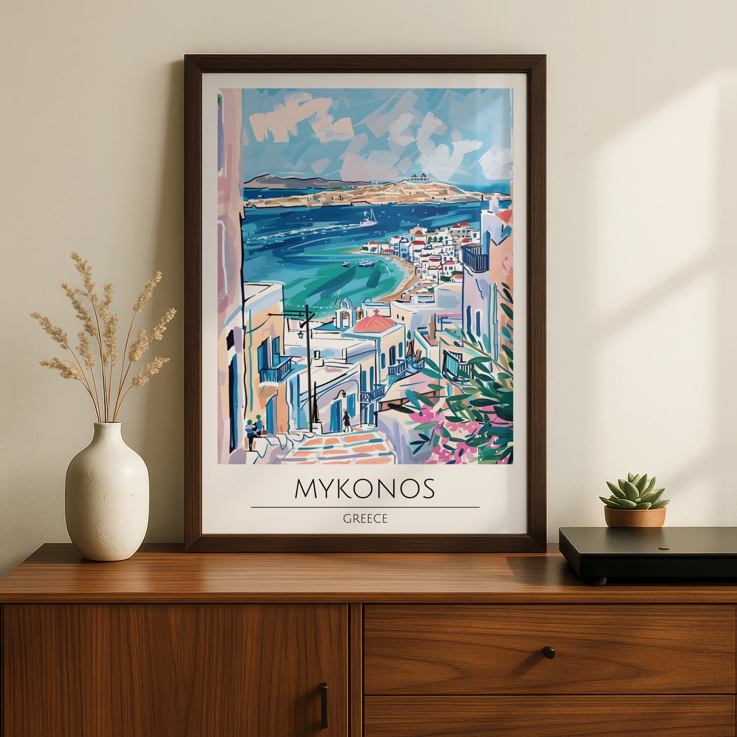 Mykonos Greece Art Print, Colourful Coastal Poster, Island Landscape Wall Art, Mediterranean Decor
