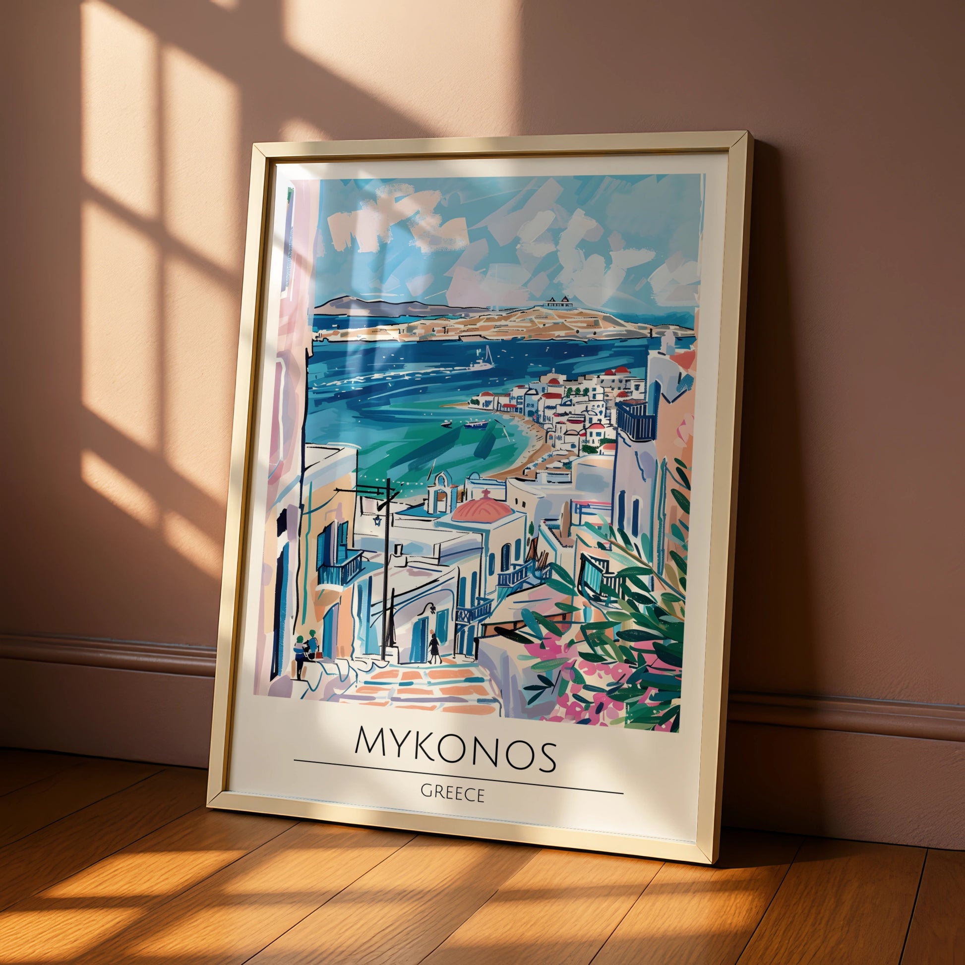 Mykonos Greece Art Print, Colourful Coastal Poster, Island Landscape Wall Art, Mediterranean Decor