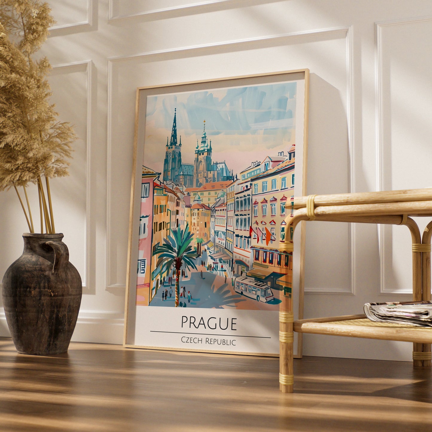 Prague Illustrative Art Poster, Czech Republic Skyline, Architectural Wall Art, Vibrant Cityscape