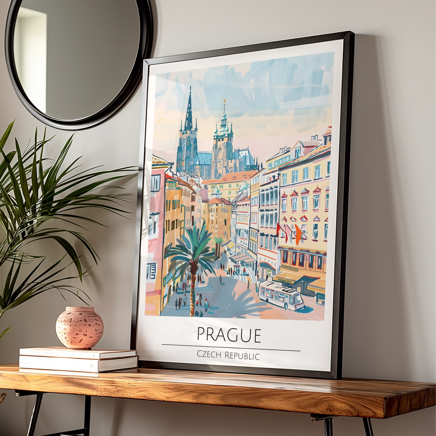 Prague Illustrative Art Poster, Czech Republic Skyline, Architectural Wall Art, Vibrant Cityscape