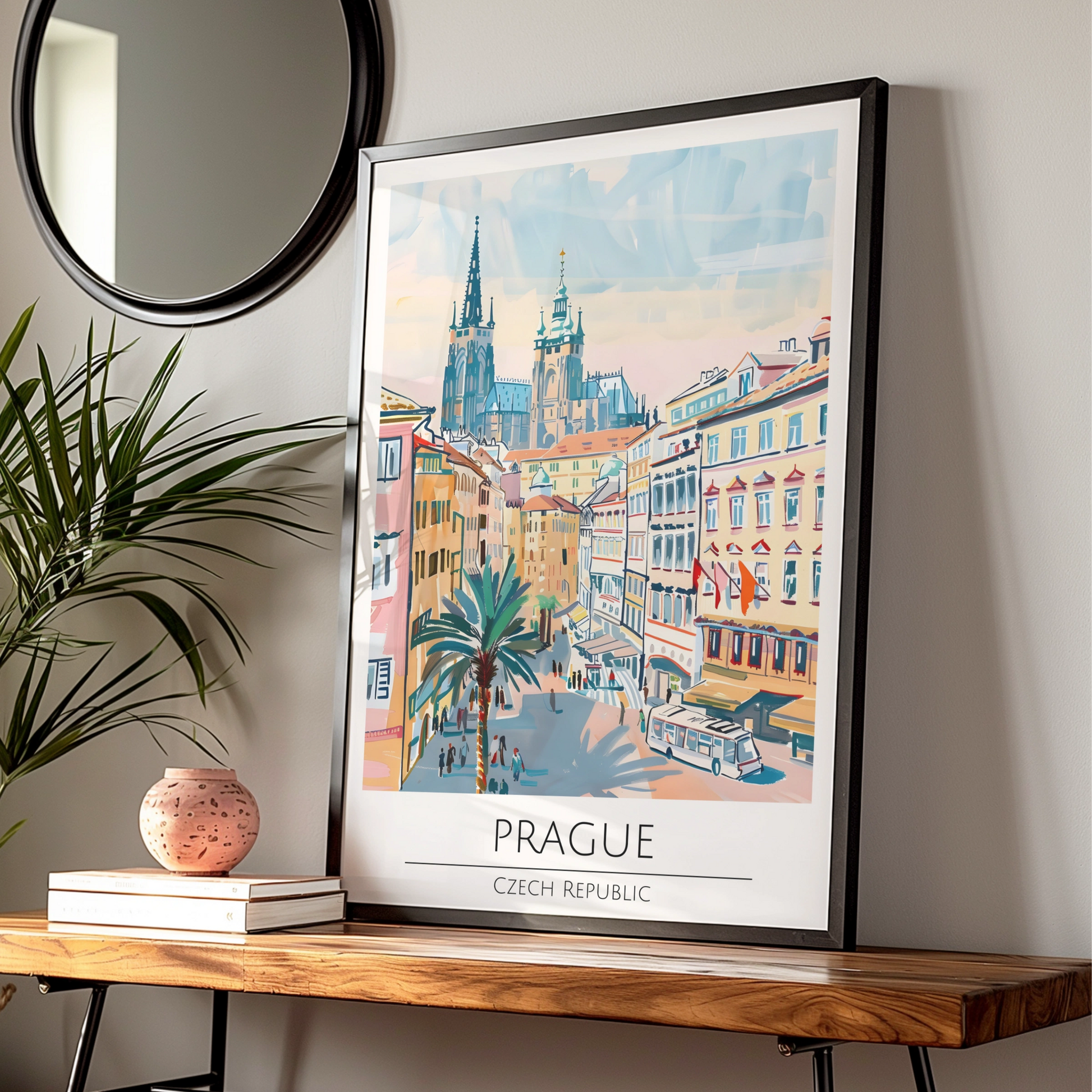 Prague Illustrative Art Poster, Czech Republic Skyline, Architectural Wall Art, Vibrant Cityscape